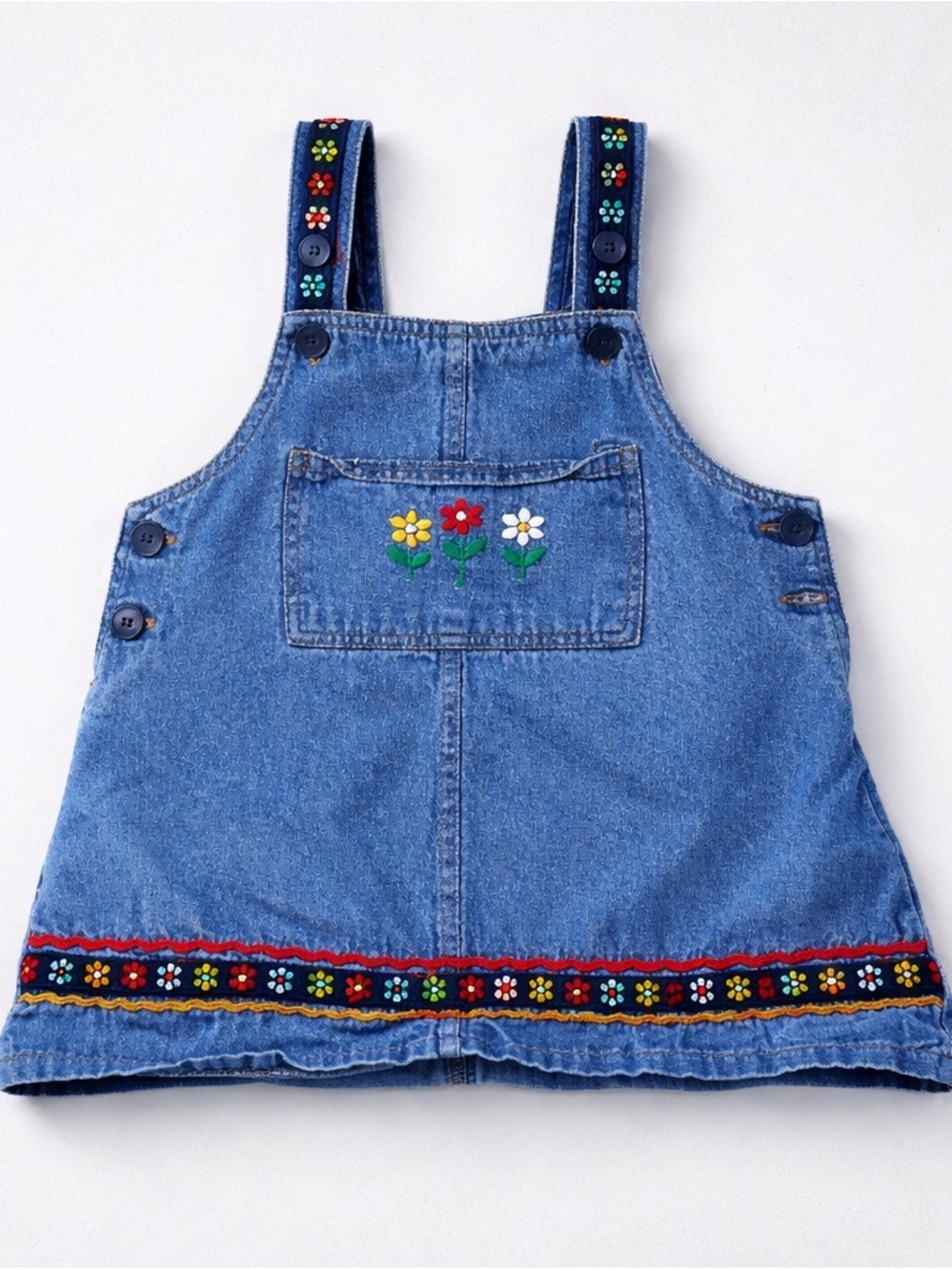 Vintage Denim Floral Embroidered Kids Pinafore Dress 3T